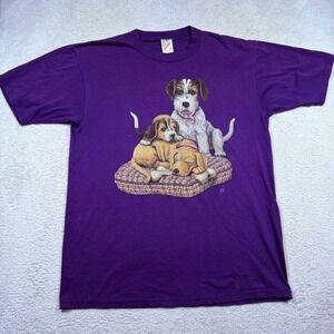 Vintage 90s Jerzees Purple Puppies Graphic T Shirt Large Cute‎ Dogs Made in USA